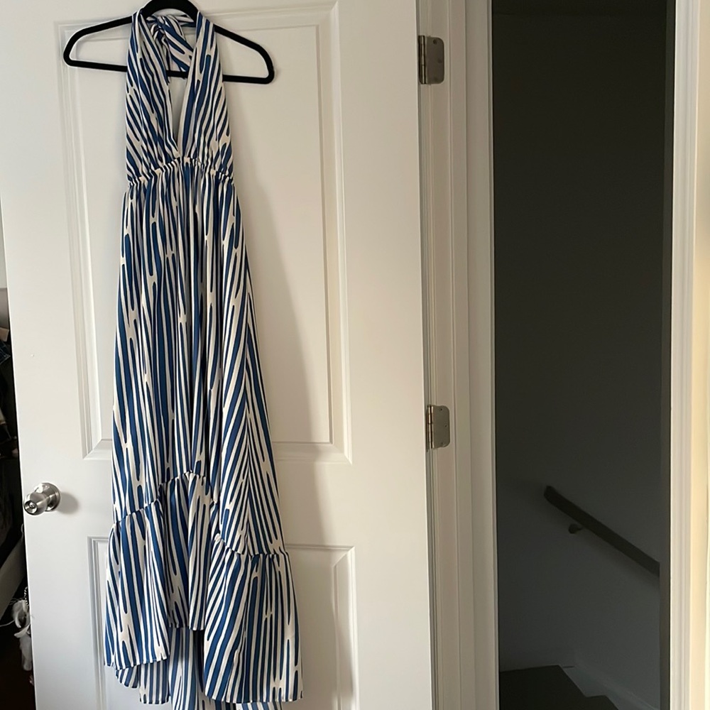 Blue & White Halter Maxi Dress